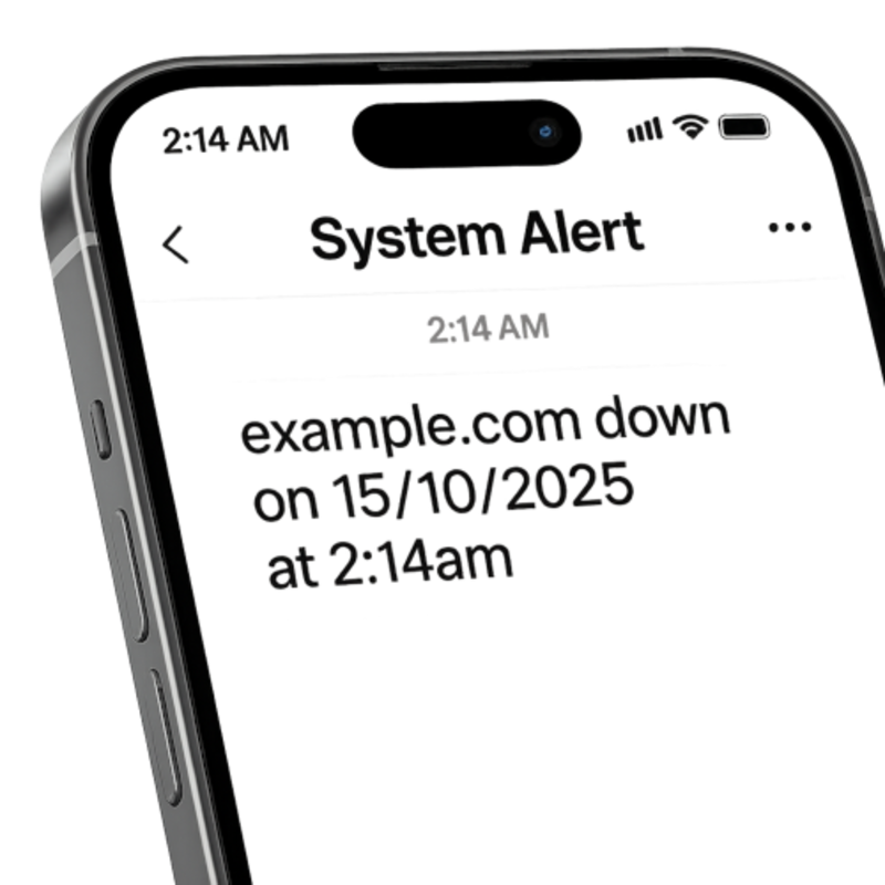 Phone showing a website downtime alert from AlertsDown