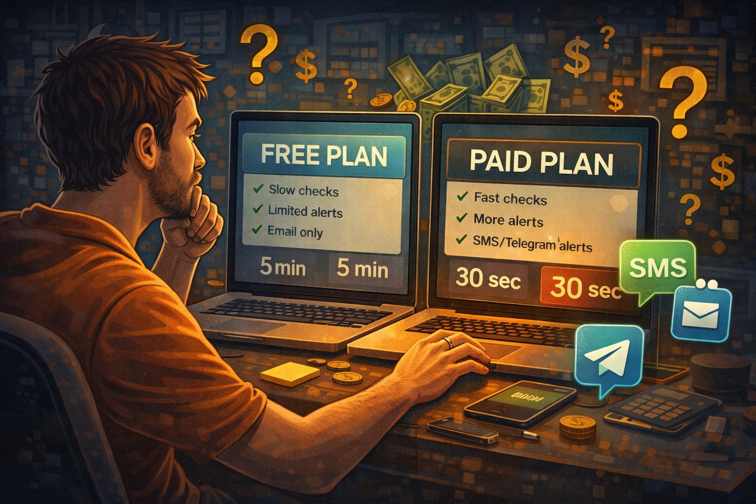 Startup founder comparing free and paid uptime monitoring tools