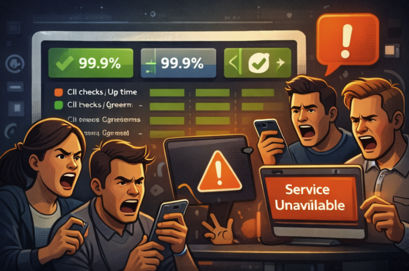 Monitoring dashboard showing green metrics while users experience downtime