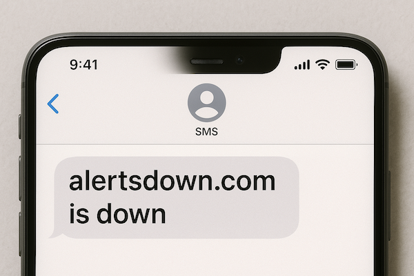 Phone screen showing a system alert that a website is down.