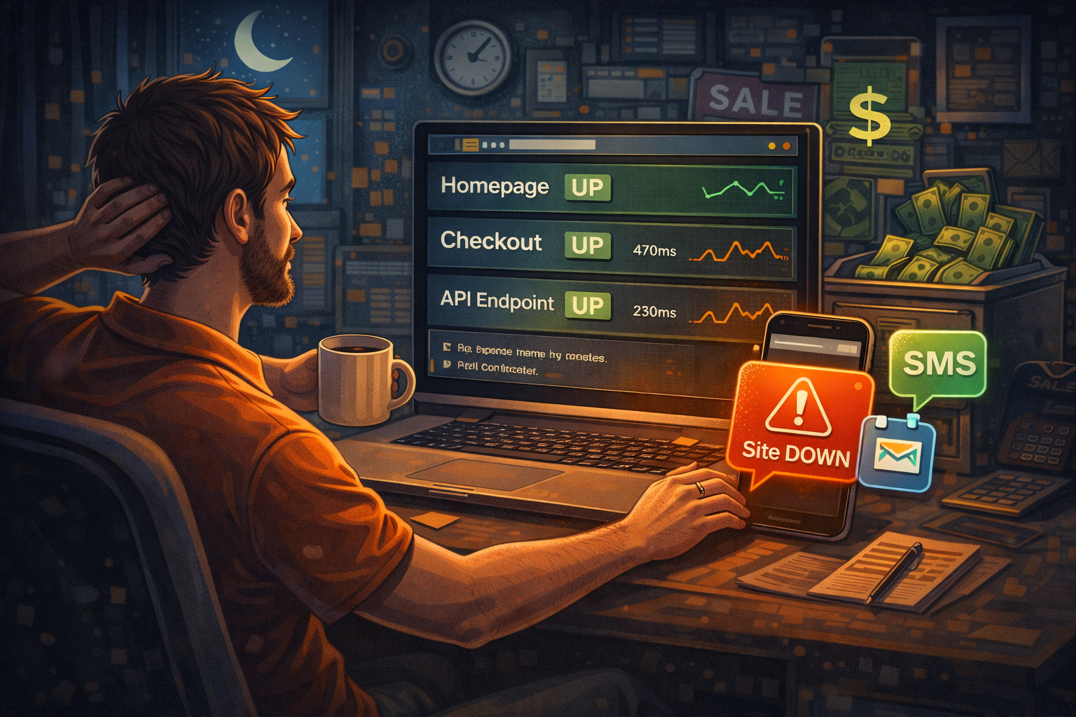 Solopreneur monitoring website uptime on a simple dashboard