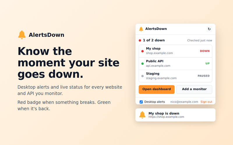 AlertsDown Chrome extension popup listing monitors with a down status, next to a desktop notification saying My shop is down